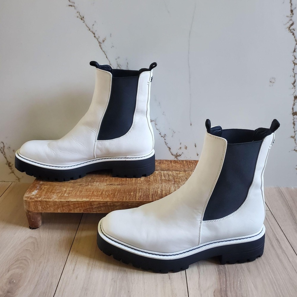 Sam Edelman Laguna Boots Womens 10 White Leather Chelsea Lug Sole Pull On Ankle